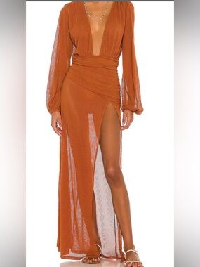 Camila Coelho Rust Orange Plunging Maxi Dress with Thigh Slit